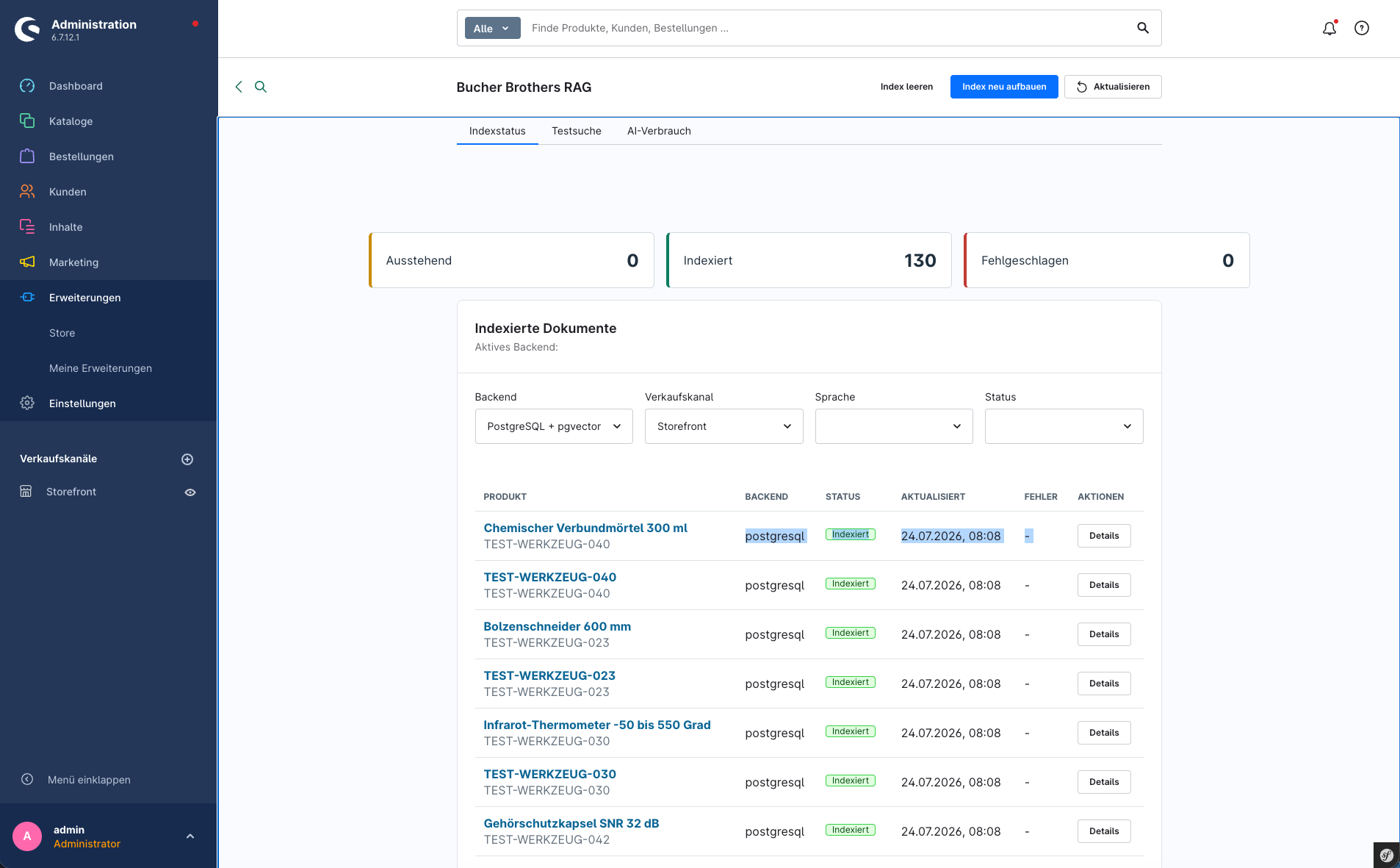 Indexstatus und Backend-Auswahl des Shopware-RAG-Plugins